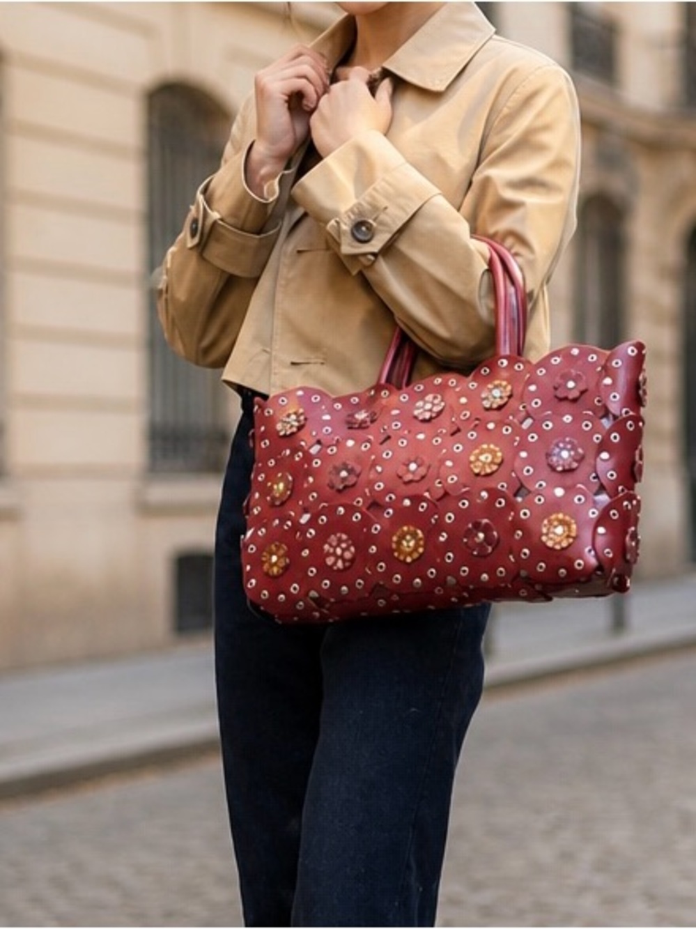 Vintage ESPRIT Red Flower Power Circle Rivet Patchwork Tote Bag Y2K Boho